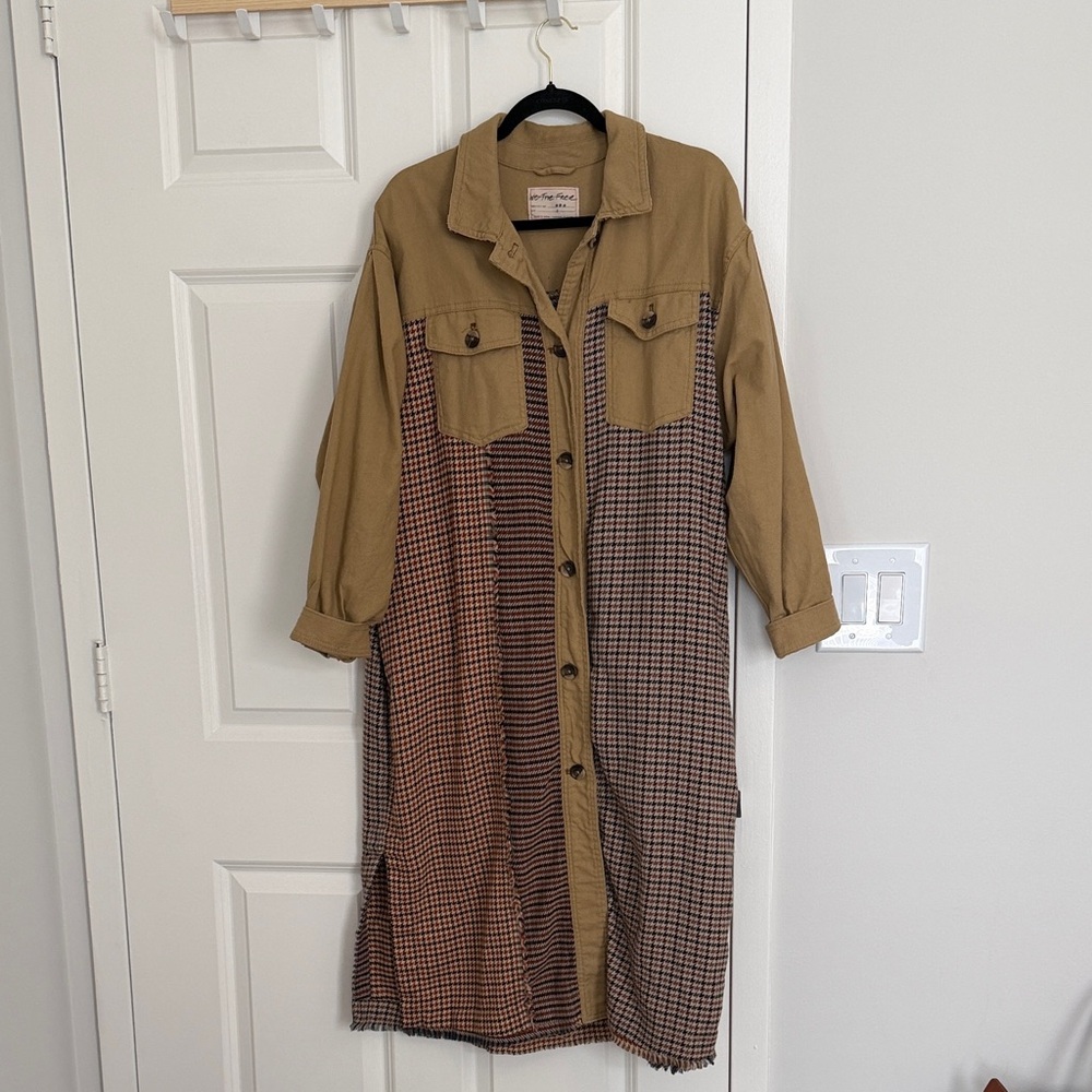 Free People Tan and Brown Plaid Button-Up Jacket